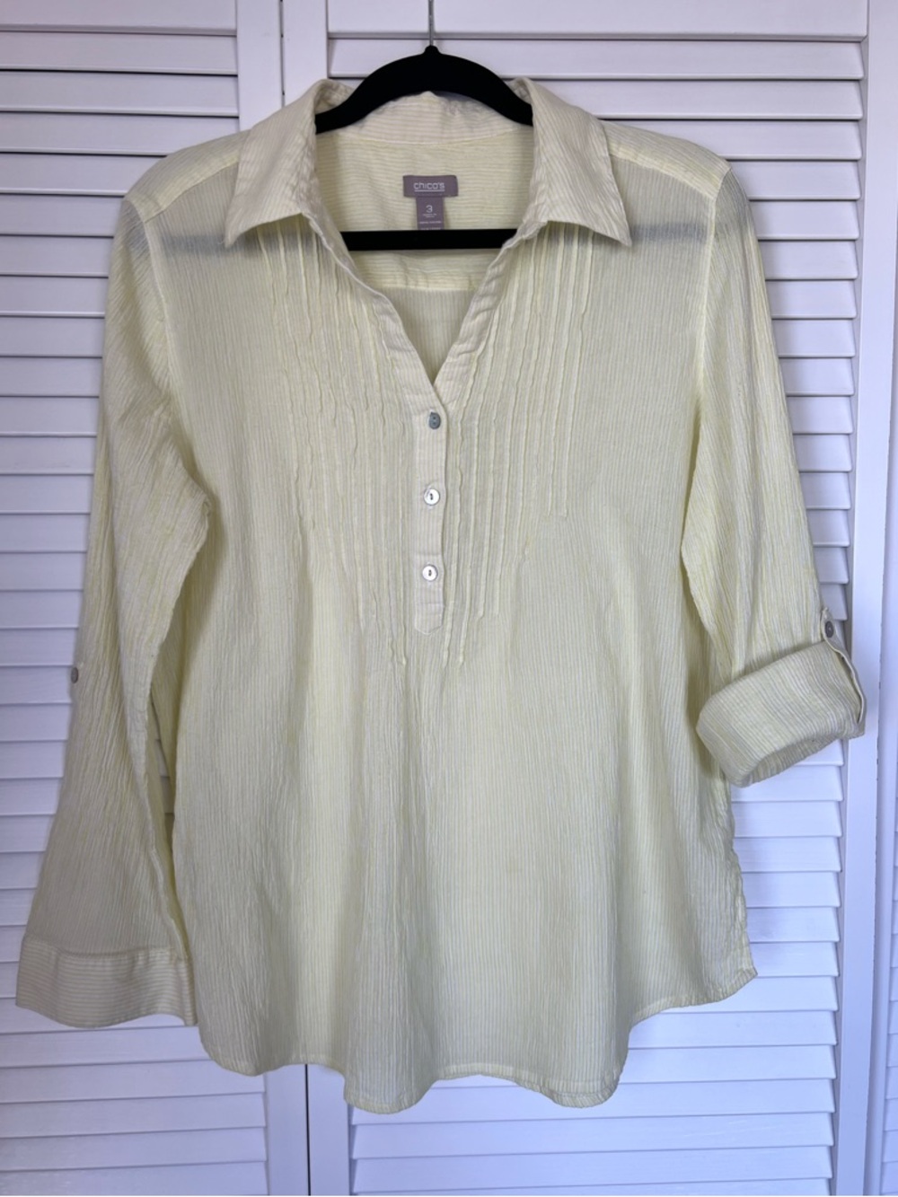 Chico’s Women’s EUC Light Yellow White Long Sleeve Cotton Top With Collar Size:3